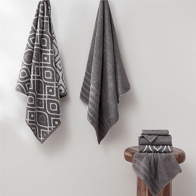 Modern Threads Classic Diamond 6-Piece 100% Cotton Towel Set – Yarn Dyed Jacquard – Includes 2 Bath Towels, 2 Hand Towels, 2 Washcloths – Absorbent, Quick Dry, Soft & Durable – Gray
