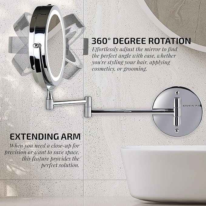OVENTE Wall Mounted Lighted Makeup Mirror, 7" Double Sided 1X/10X Magnifying Vanity Mirror for Bathroom with LED Lights, Cordless, 360° Rotation and 13" Extendable Arm, Polished Chrome MFW70CH1X10X