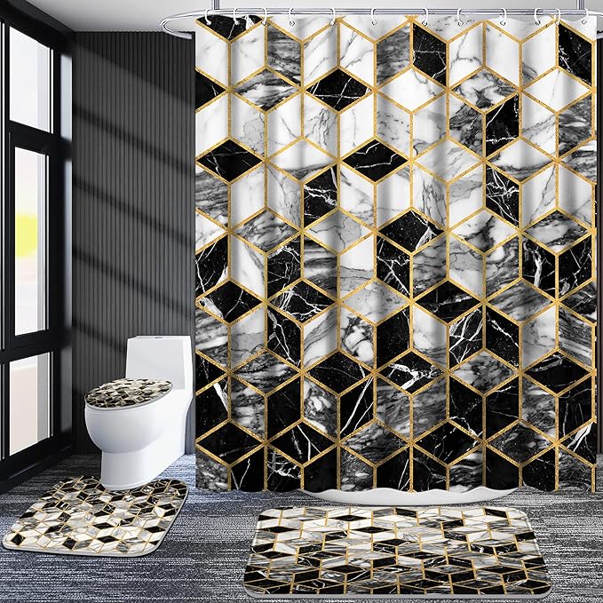 Poedist 4 Pcs Bathroom Shower Curtain Set, Honeycomb Marble Bathroom Sets with Rugs(Bath Mat,U Shape and Toilet Lid Cover Mat) and 12 Durable Hooks