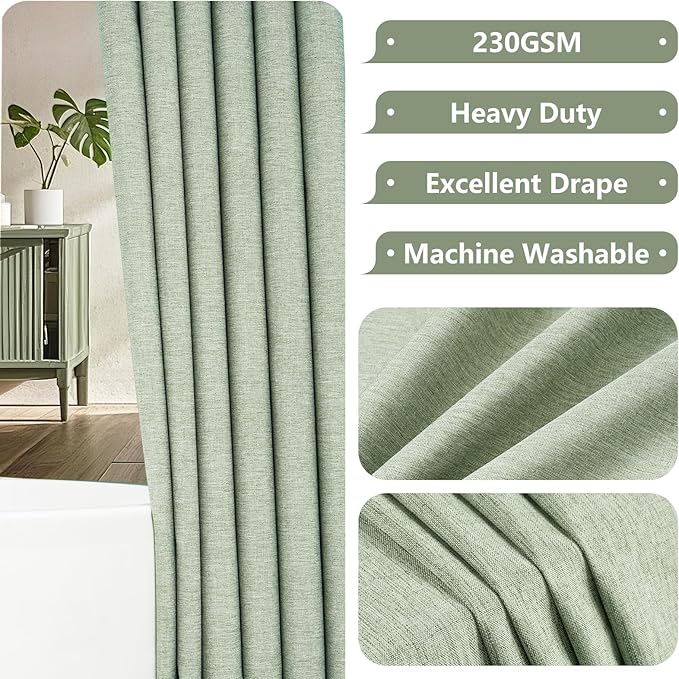 Natural Sage Green Linen Look Fabric Shower Curtain, Heavy Duty Faux Linen Textured Shower Curtain Water-Resistant, 72 x 72 Inch Soothing Forest Green Farmhouse Bathroom Decor Shower Curtains