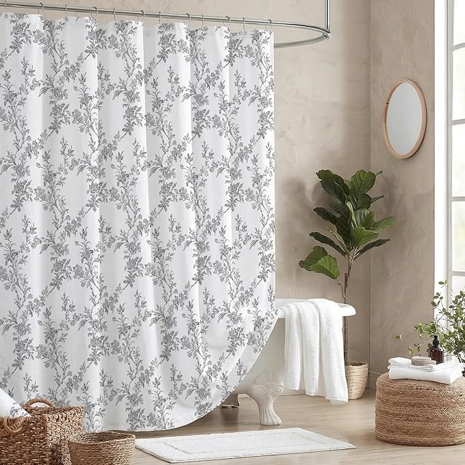 Black Floral Shower Curtain, Cotton Linen Cottagecore Shower Curtains for Bathroom