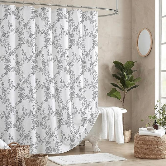 Black Floral Shower Curtain, Cotton Linen Cottagecore Shower Curtains for Bathroom