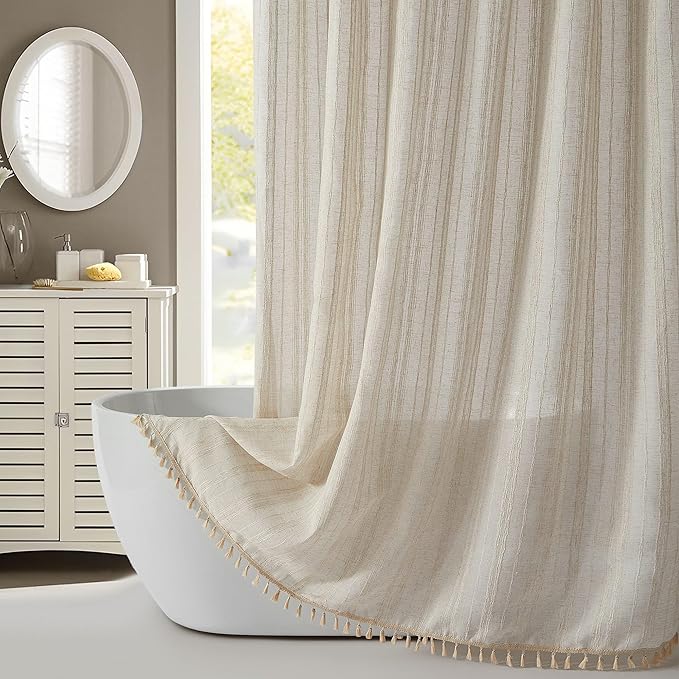 36" x 72" Stall Shower Curtain Linen Boho Shower Curtain Rustic Striped French Country Shabby Chic Shower Curtains for RV and Hotel, Beige