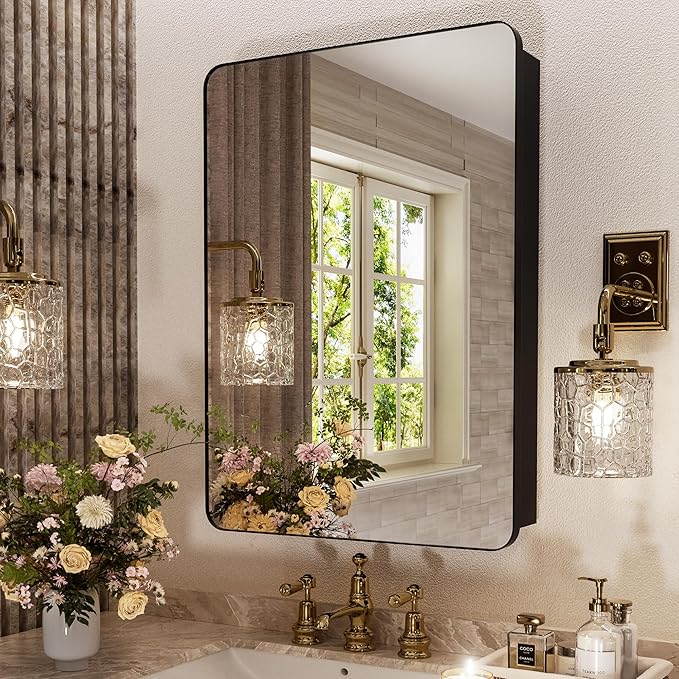 16x24 Inch Bathroom Medicine Cabinet with Mirror, Partition Storage for Tall Bottles, Recessed or Surface Mount Wall Cabinet, 110° Soft Close Hinge, Pre-Assembled, Matte Black, w/Hardware