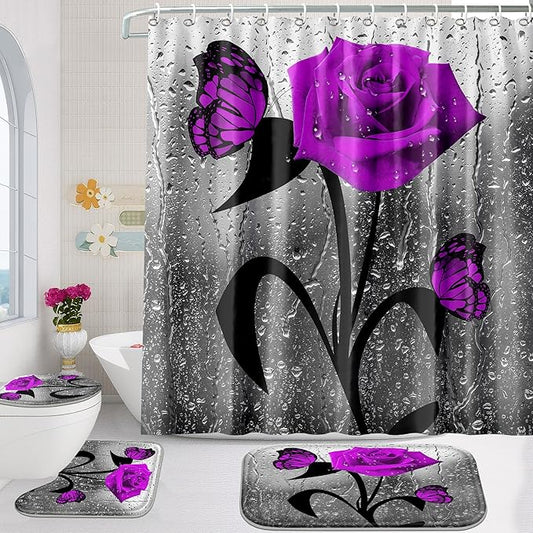 Poedist 4 Pcs Bathroom Shower Curtain Set,Purple Rose Bathroom Set, Shower Curtain Sets with Rugs(Bath Mat,U Shape and Toilet Lid Cover Mat) and 12 Hooks
