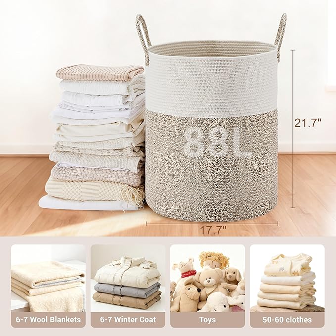 Tall Laundry Basket with Handles, 88L Portable Dirty Clothes Hamper, Boho Cotton Rope Storage Bin for Blankets Kids Toys Gifts, Large Organizer for Baby Nursery Bedroom Bathroom, Brown