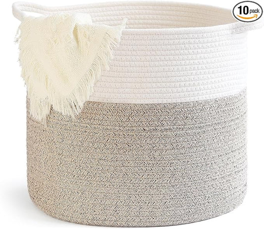 Laundry Hamper,Blanket Basket in Living Room Decor,Pure Cotton Rope Woven Basket for Dirty Clothes,Storage Basket for Nursery Bin,Baby Toy Storage,15.5 * 13.5 inches-40L White & Brown Mixed