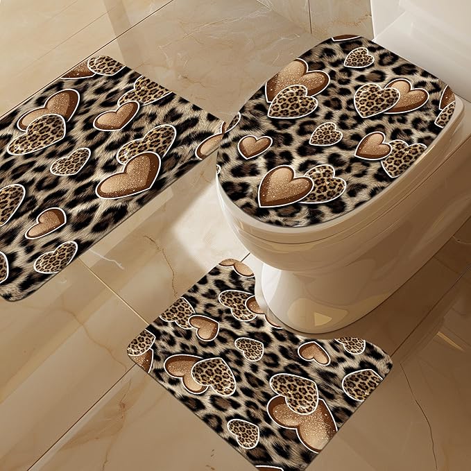 LIGHTINHOME 4 PCS Leopard Print Heart Shower Curtain Set 72Wx72H,Toilet Lid Cover,Non-Slip Rugs and U-Shaped Mat,Wildlife Cheetah Bathroom Sets with Rugs Shower Accessories 12 Hooks for Bathroom Decor