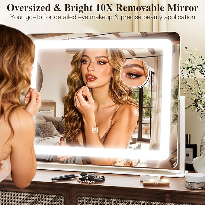 17" x22" Vanity Mirror with Lights, LED Makeup Mirror with Lights, 10X Magnification Mirror Makeup with 360°Rotation, 3 Color Modes＆ Dimmable,Light up Makeup Mirror for Vanity Desk, Travel, White