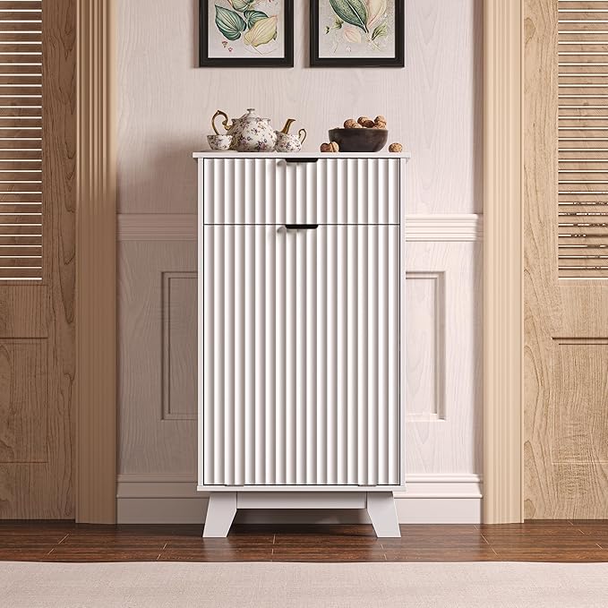Wodeer Tilt Out Laundry Hamper Cabinet with Storage and Drawer, 10 Gallon Fluted Hidden Trash Can Cabinet, Farmhouse Wood Laundry Basket Cabinets for Bathroom, Kitchen, White