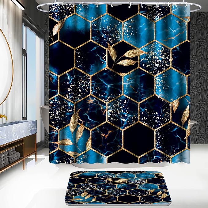 Poedist 4 Pcs Bathroom Shower Curtain Set,Peak Blue Honeycomb Marble Bathroom Sets with Rugs(Bath Mat,U Shape and Toilet Lid Cover Mat) and 12 Hooks