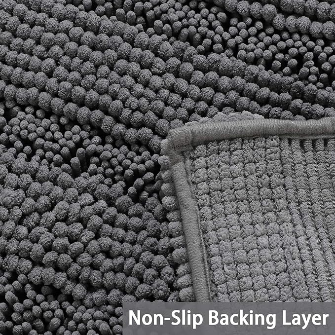 Turquoize Plush Chenille Bath Rug, Gray, Large (47 x 17"), Non-Slip, Washable, Water Absorbent & Soft, For Bathroom Floor