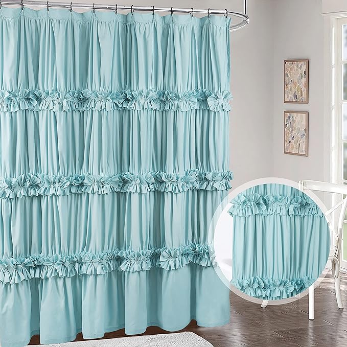 Spa Blue Ruffle Shower Curtain, Vintage Handcrafted Bow Tie Bath Curtain for Master Bathroom, Ruched Microfiber Bathroom Curtain with 12 Buttonholes, 72" W x 72" H (LQ-10)