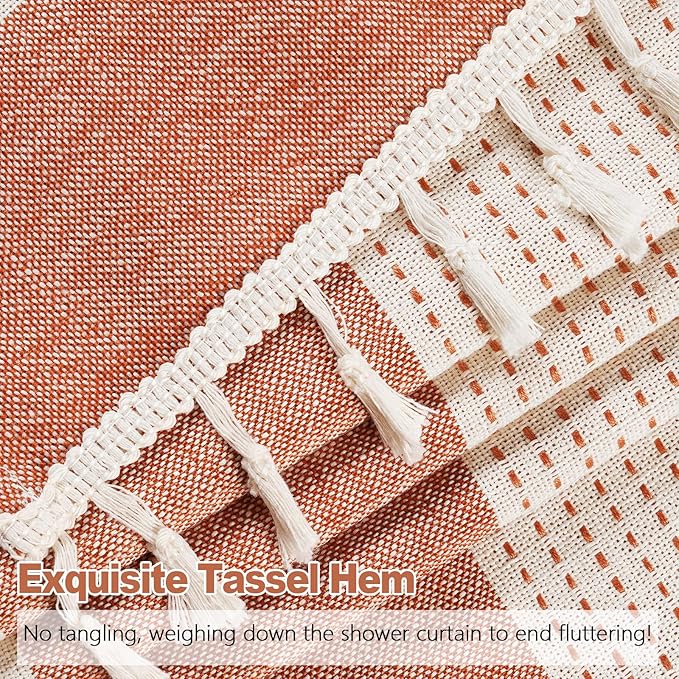 Boho Farmhouse Thick Shower Curtain with Tassels, Rustic Rusty Red Cotton Linen Soft Fabric Shower Curtain Water Repellent, Shabby Chic Heavyweight Striped Shower Curtains for Bathroom
