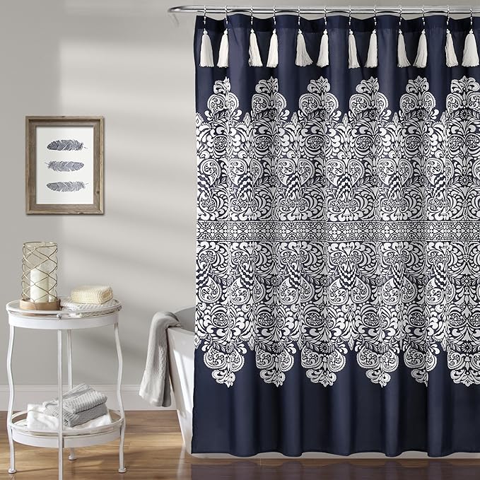 Lush Decor Boho Medallion Shower Curtain - Fabric Bohemian Damask Print Design with Tassels, 72" x 72", Navy