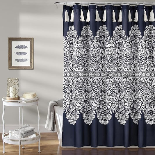 Lush Decor Boho Medallion Shower Curtain - Fabric Bohemian Damask Print Design with Tassels, 72" x 72", Navy
