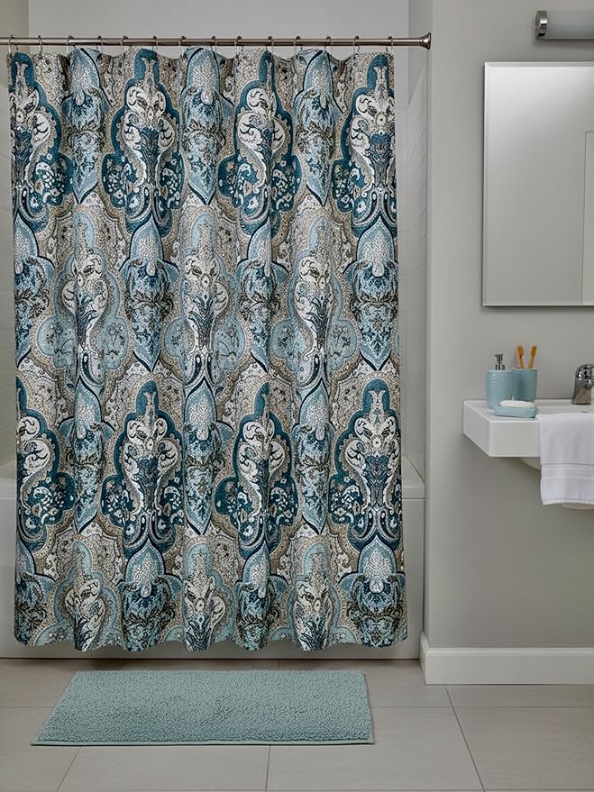 Serafina Home Decorative Blue & Brown Boho Fabric Shower Curtain, Modern Farmhouse for Vintage Rustic Bathroom Decor, Floral Victorian, 72 x 72