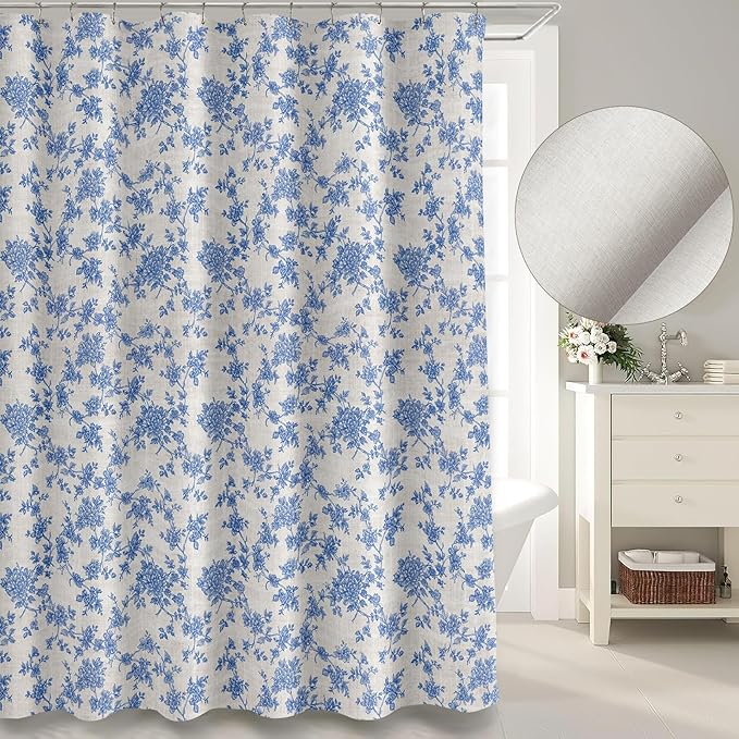 MUGINYU Blue Vintage Floral Linen Shower Curtain-Toile Cottage Core Farmhouse Country Neutral Botanical Bath Curtain for Bahtroom Decor 72x72inch