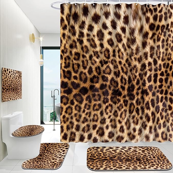 Onalasyc 4 Pcs Leopard Shower Curtain,Cheetah Print Bathroom Set Shower Curtain Sets with Rugs,Brown Animal Print Shower Curtain Bathroom Decor Sets,juego de ba??os de Set completo with 12 Pcs Hook