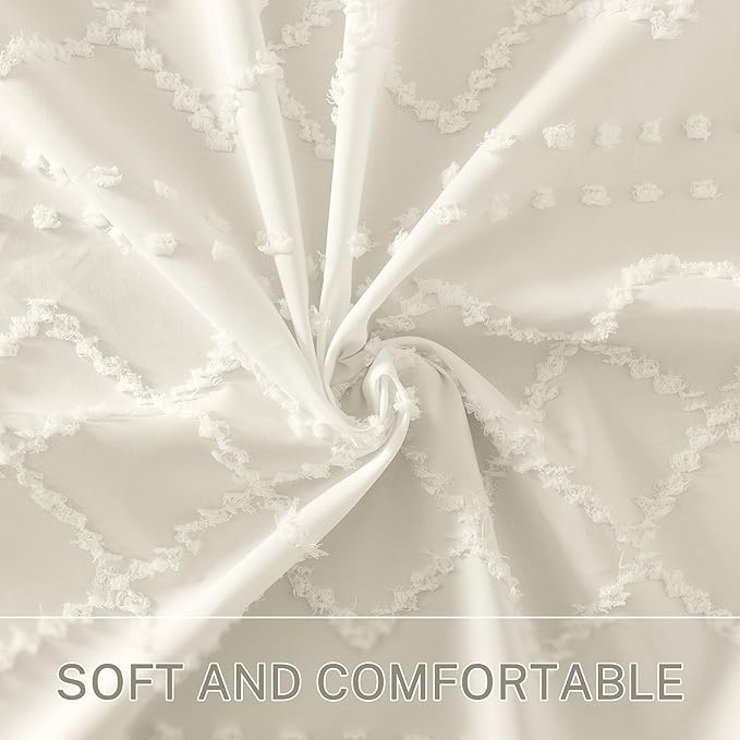 Extra Long Cream Boho Shower Curtain - Woven Fabric, 72 x 84 Tufted Chevron Textured Striped Modern Farmhouse Minimalist Cloth Curtain for Bathroom
