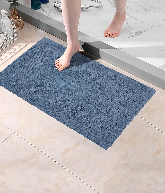 COTTON CRAFT Luxurious Bath Mat Rug - Set of 2 Reversible Heavyweight Step Out Bath Mats for Bathroom Floor, Tub and Shower - Pure Cotton Soft Plush Absorbent Tufted Racetrack Mat - 17x24 - Azure Blue