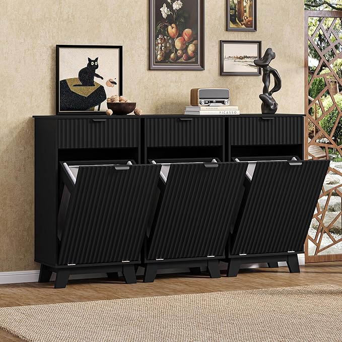 Wodeer Tilt Out Laundry Hamper Cabinet with Storage and Drawer, 10 Gallon Fluted Hidden Trash Can Cabinet, Farmhouse Wood Laundry Basket Cabinets for Bathroom, Kitchen, Black