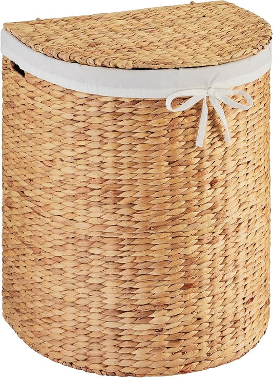 Best Choice Products Half Moon Laundry Hamper w/Lid, Woven Half Round Laundry Basket, w/Removable Liner & Bult-in Handles for Bathroom, Bedroom & Laundry Room - Natural