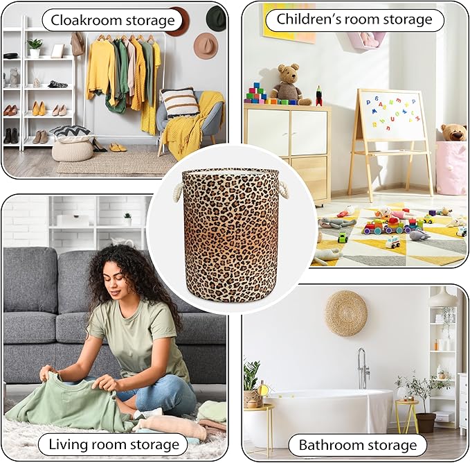 Leopard Print Laundry Basket with Handles Collapsible Laundry Hamper Waterproof Toy Organizer Funny Dirty Clothes Hamper for College Dorm Bathroom Bedroom