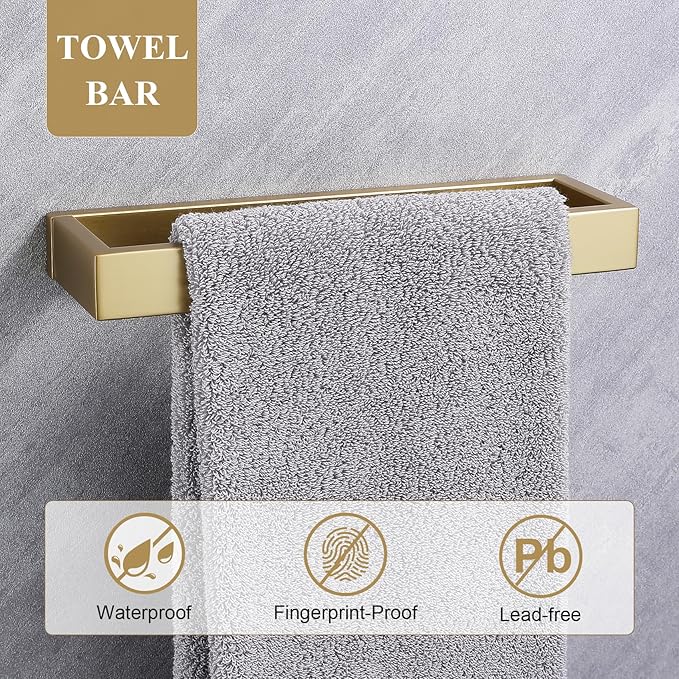 3 Pieces Brushed Gold Bathroom Hardware Accessories Set,SUS304 Stainless Steel Towel Holder Set Towel Holder Robe Hook Toilet Paper Holder Wall Mounted