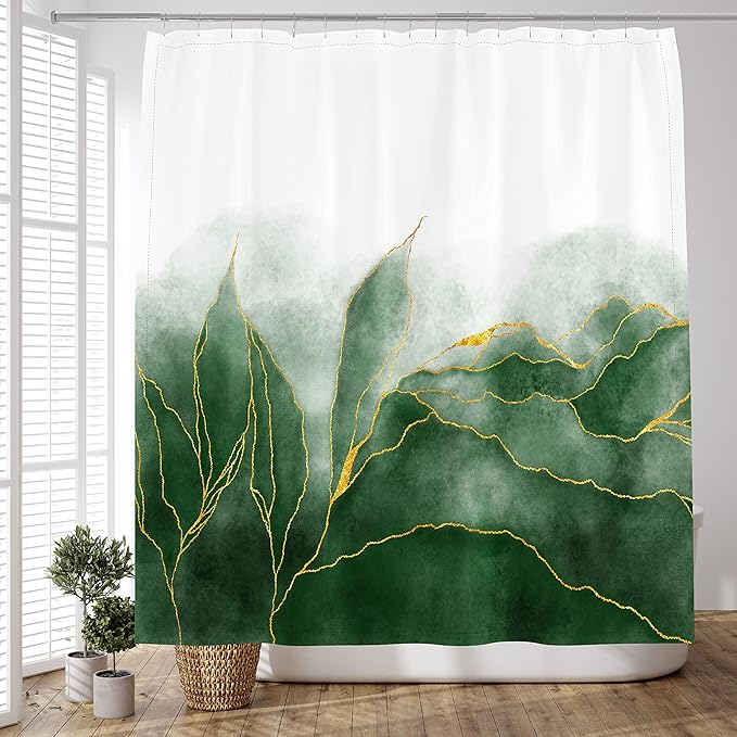Marble Shower Curtain Ombre Green Gold Modern Bathroom Art Decor Emerald Green Golden Fabric Waterproof Polyester 72 x 72 Inches