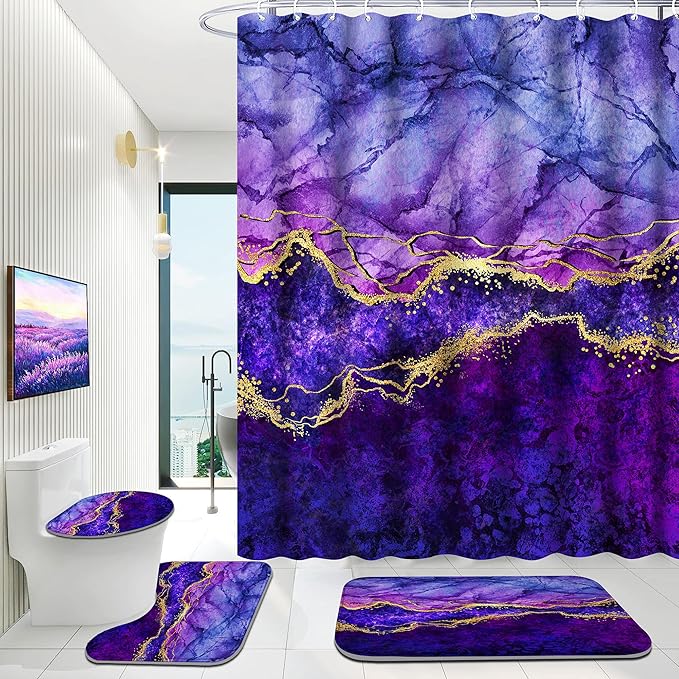 4 Piece Bathroom Set with Shower Curtain and Rugs, Gold Purple, Incl 12 Hooks, Soft Bath Mat, U-Shaped Floor Mat, Toilet Lid Oval Rug