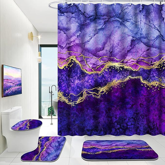 4 Piece Bathroom Set with Shower Curtain and Rugs, Gold Purple, Incl 12 Hooks, Soft Bath Mat, U-Shaped Floor Mat, Toilet Lid Oval Rug