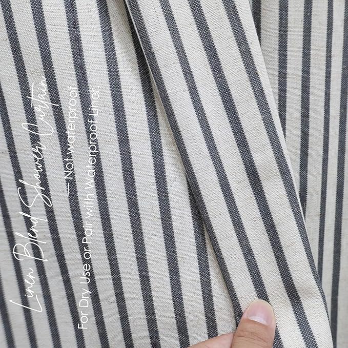 Farmhouse Striped Shower Curtain - 72x84 Inches, Linen Blend Fabric, Breathable & Machine Washable, Rustic Black for Bathroom Decor (Hooks/Liner Not Included)