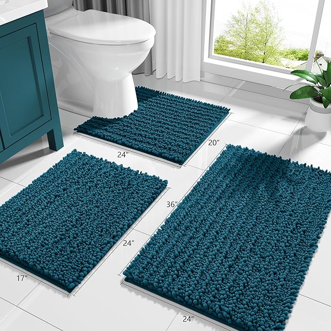 Yimobra Large Bathroom Rugs Non Slip Washable 36x24 Inch - Ultra Soft Absorbent Chenille Bath Mat, Quick Dry Shaggy Floor Carpet for Tub Shower, Peacock Blue Home Decor Accessories