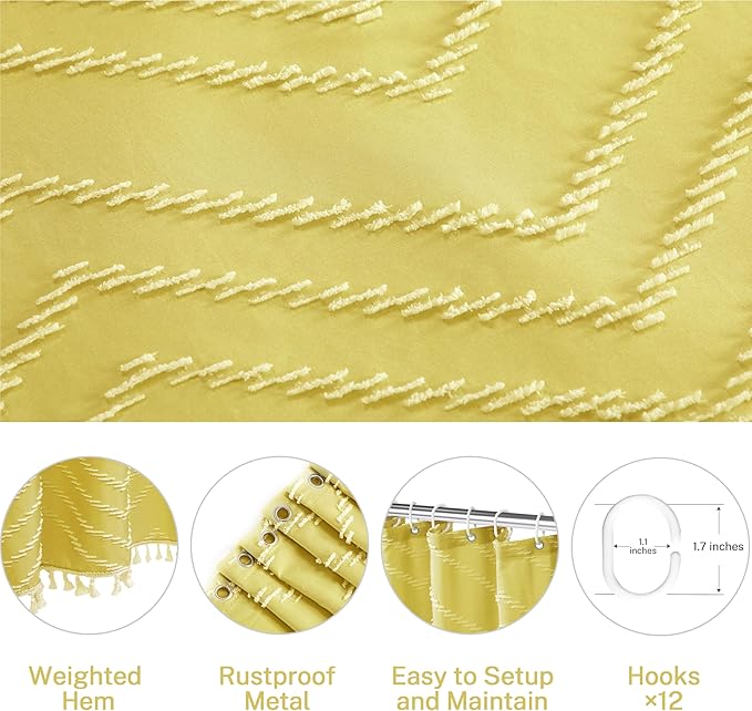 Yellow Boho Shower Curtain with White Tassel - 72 x 72 Modern Farmhouse Textured Tufted Chevron Striped Minimalist Bathroom Shower Curtain