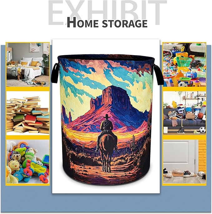 NUTAINLA Western Cowboy Laundry Basket Desert Mountains Foldable Oxford Cloth Funny Tote Bag Laundry Hamper Clothes Storage Bucket Toy Organizer For Bathroom/Laundry Storage/Bedroom 18.9x16.5 Inch