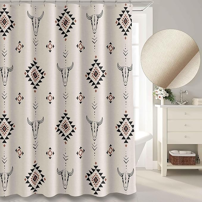 MUGINYU Western Aztec Linen Shower Curtain- Boho Farmhouse Fabric Shower Curtain Set, Ethnic Southwest Bull Skull Cow Shower Curtains for Bathroom, 72x72 Bath Curtain