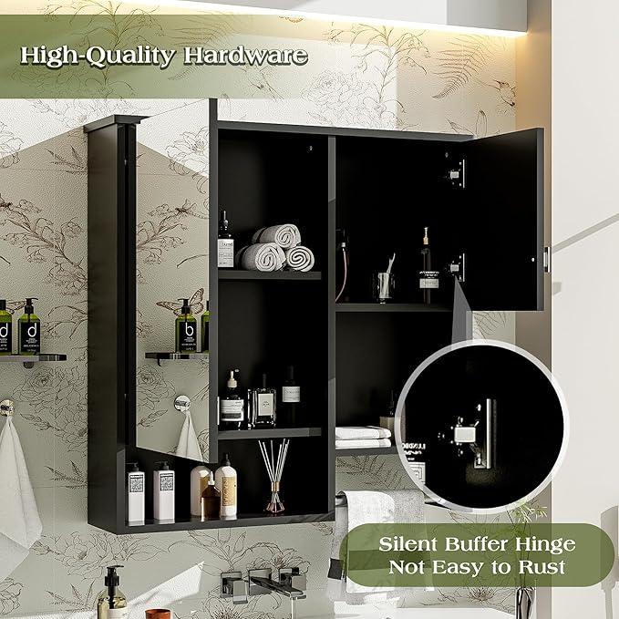 Merax Medicine Cabinet for Bathroom, Wall Mount Bathroom Cabinet with Mirror, Open Shelf, and Towel Bar, 29.5" W x 28.7" H Over The Toilet Mirrored Bath Wall Cabinet