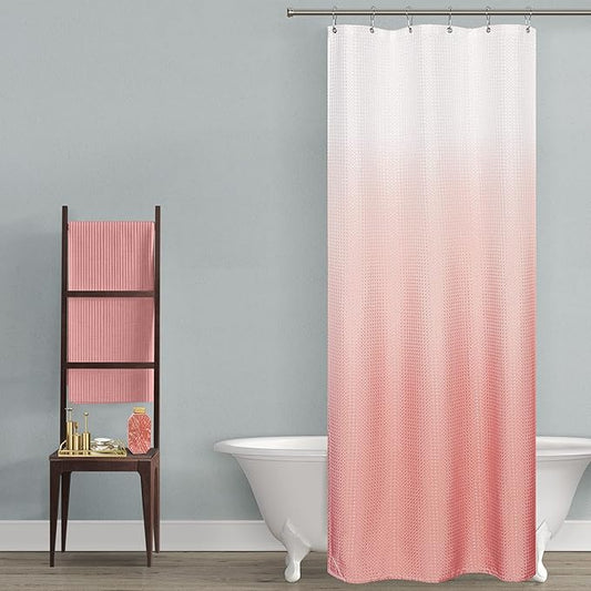 Mrs.Naturall Pink Dorm Shower Curtain for Girls,Ombre Designs Waffle Weave Waterproof Fabric Shower Curtian Liner with Hooks Set for Small Stall Bathroom,36x72,Blush Rose Gold and White