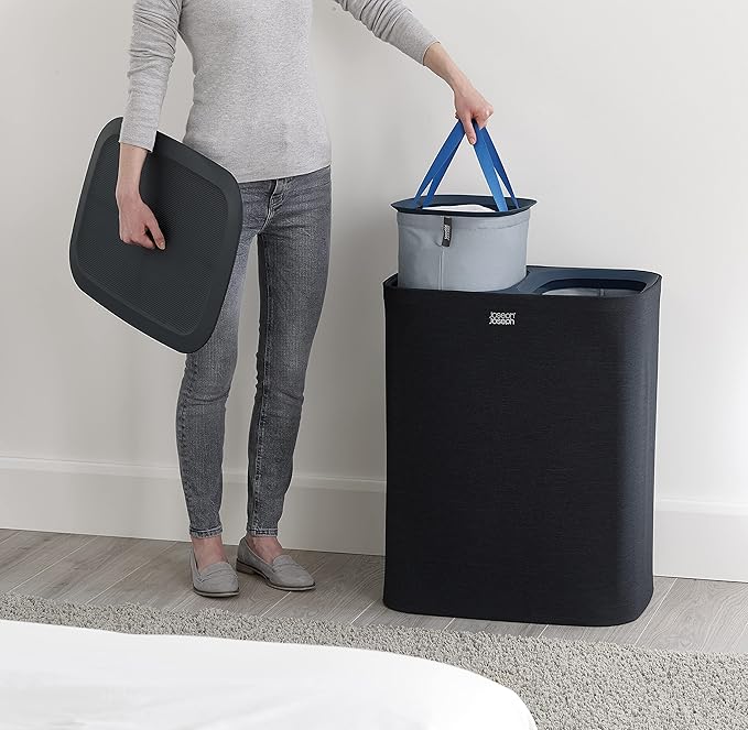 Joseph Joseph Tota 90 liter/23.8 gallon Laundry Hamper Separation Basket with lid, 2 Removable Washing Bags with Handles - Dark Blue