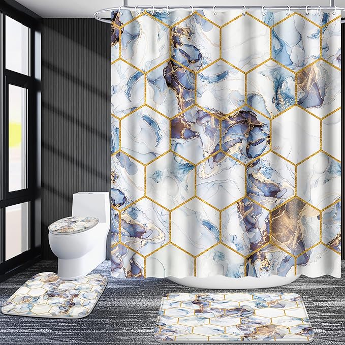 Poedist Shower Curtain Set with Rugs,Bathroom Accessory Set, Including Non-Slip Rugs,Toilet Lid Cover and Bath Mat, Waterproof Shower Curtain with 12 Hooks, Honeycomb Marble