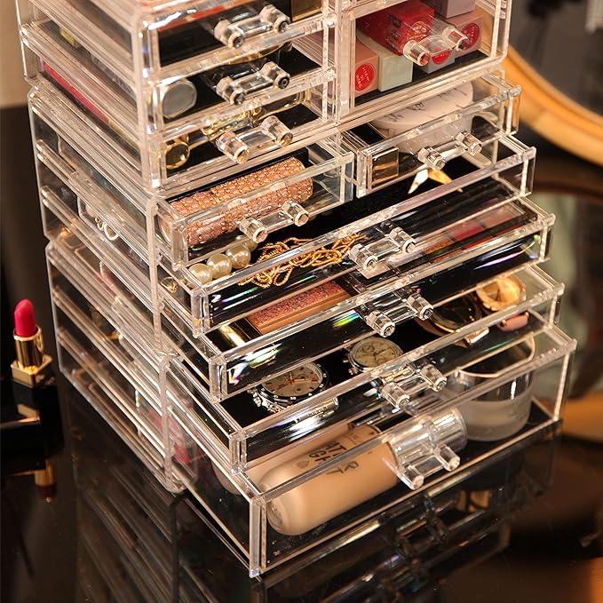 Cq acrylic 4 Pack Clear Makeup Organizer Countertop,Stackable 11 Drawers Skincare Organizer,Cute Skin Care Organizer for Vanity Hair Clip,Jewelry,Beauty Product Desk and Make Up Organizers for Vanity