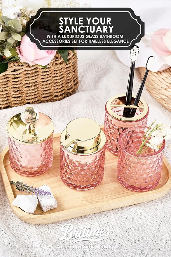 Pink Bathroom Accessories, 4Pcs Pink Bathroom Accessory Set Complete, Toothbrush Holder Set, Soap Dispenser, Qtip Holder, Tumbler, Perfect for Bathroom Decor and Vanity