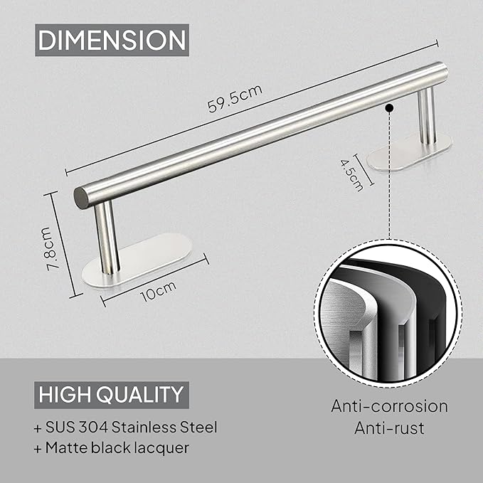 Towel Bar for Bathroom, Self-Adhesive Towel Holder, Space-Saving Towel Rack, Wall-Mounted Punch-Free Waterproof Anti-Slip Bathroom Kitchen Towel Hanger, 60×7.5×5cm Brushed