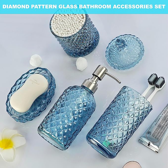 LaMarriti Blue Bathroom Accessories Set, 4Pcs Clear Glass Bathroom Accessory Set, Lotion Soap Dispenser, Toothbrush Holder Set, Soap Dish, Qtip Holder for Vintage Crystal Bath Decor, Light Blue