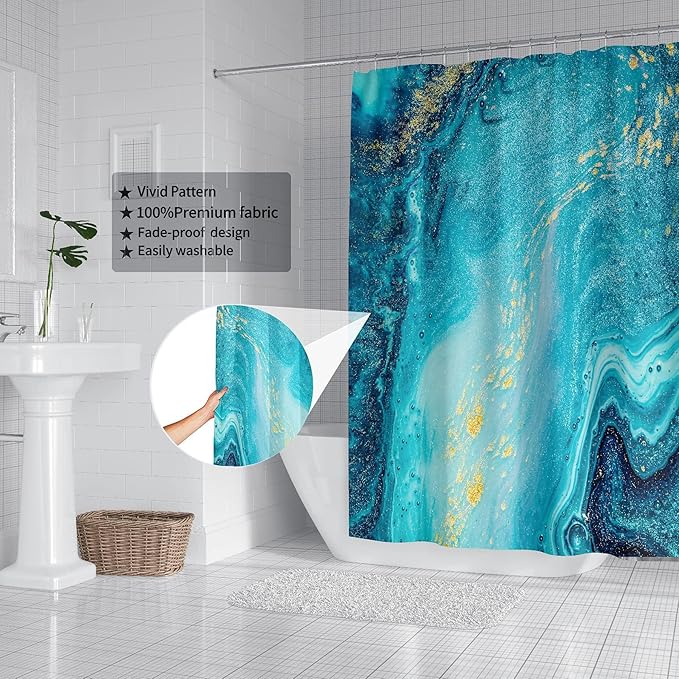 Domoku Blue Gold Marble Shower Curtain,Blue Golden Cracked Lines Abstract Modern Shower Curtain for Bathroom Decor,Waterproof Texture Washable Fabric Shower Curtain,72 X 78