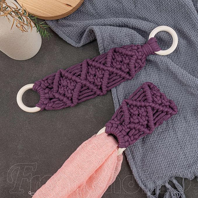 Framendino, 2 Pack Kitchen Crochet Towel Hanging Rings Macrame Dish Loop Holder for Cabinets Oven Door (Purple)