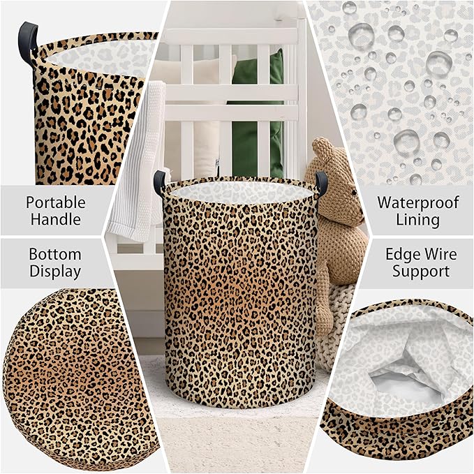 Leopard Print Laundry Basket, Collapsible Waterproof Oxford Cloth Laundry Hamper, Funny Round Kids Toys Storage Basket as Room Decor, Dirty Clothes Hamper for Bedroom Bathroom Dorm