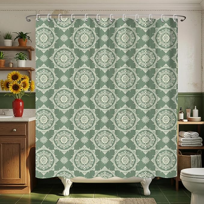 Boho Green Sage Shower Curtains for Bathroom,Funny Bohemian Mandala Shower Curtain,Aesthetic Waterproof Polyester Boho Bathroom Decor,72x72 Inch