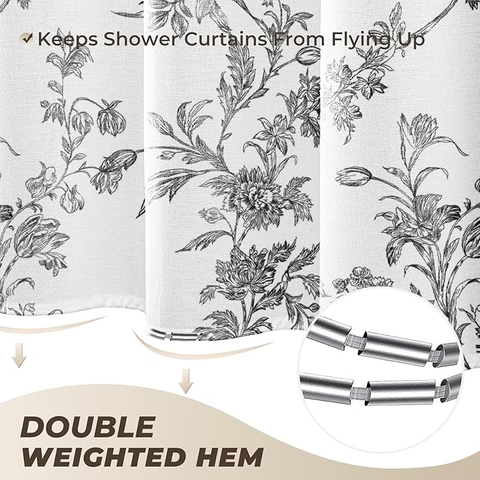 Black Floral Shower Curtain, Cotton Linen Cottagecore Shower Curtains for Bathroom
